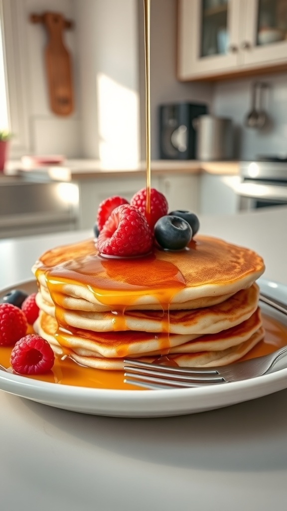 Fluffy Pancakes Without Baking Powder A stack of fluffy pancakes with syrup and berries on a white plate in a cozy kitchen.